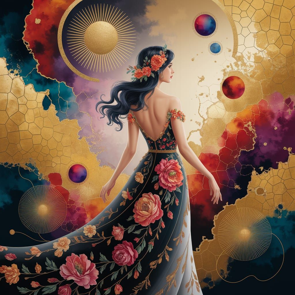 Ethereal Woman with Floral Adornments in Dreamlike Setting