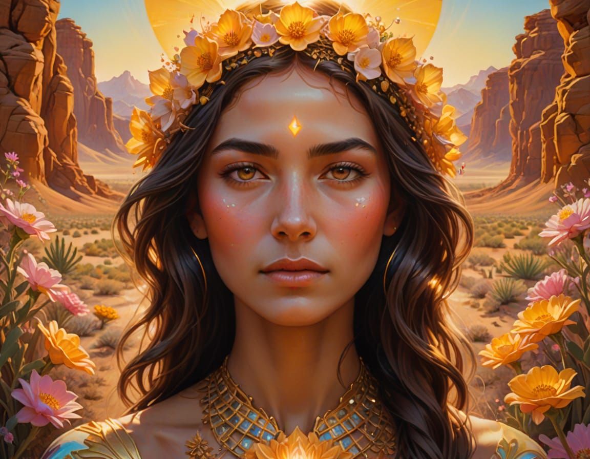 Goddess Emerges from Desert Oasis: Surreal Oil Painting