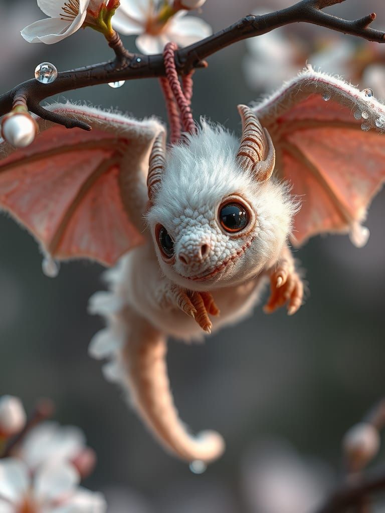 Fluffy Woolly Dragon with Dew Drops on Wings