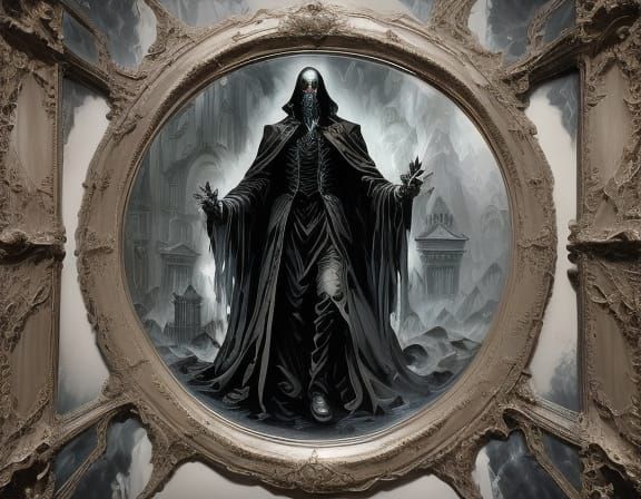 A triumphant figure of HP Lovecraft, shrouded in authority, ...