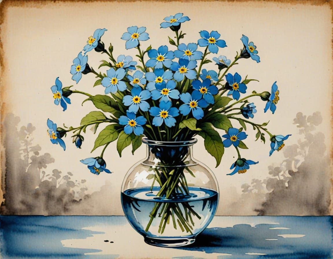 Ink Chinese Painting of Forget-Me-Not in Elegant Glass Vase