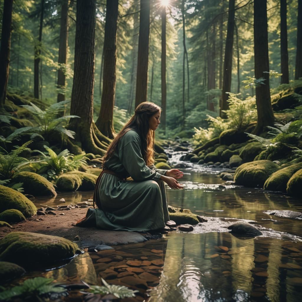 Woman Praying in Lush Forest, Cinematic Film Still