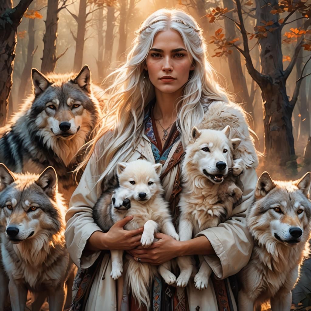 Family Portrait with Wolves in Hyperrealistic Style