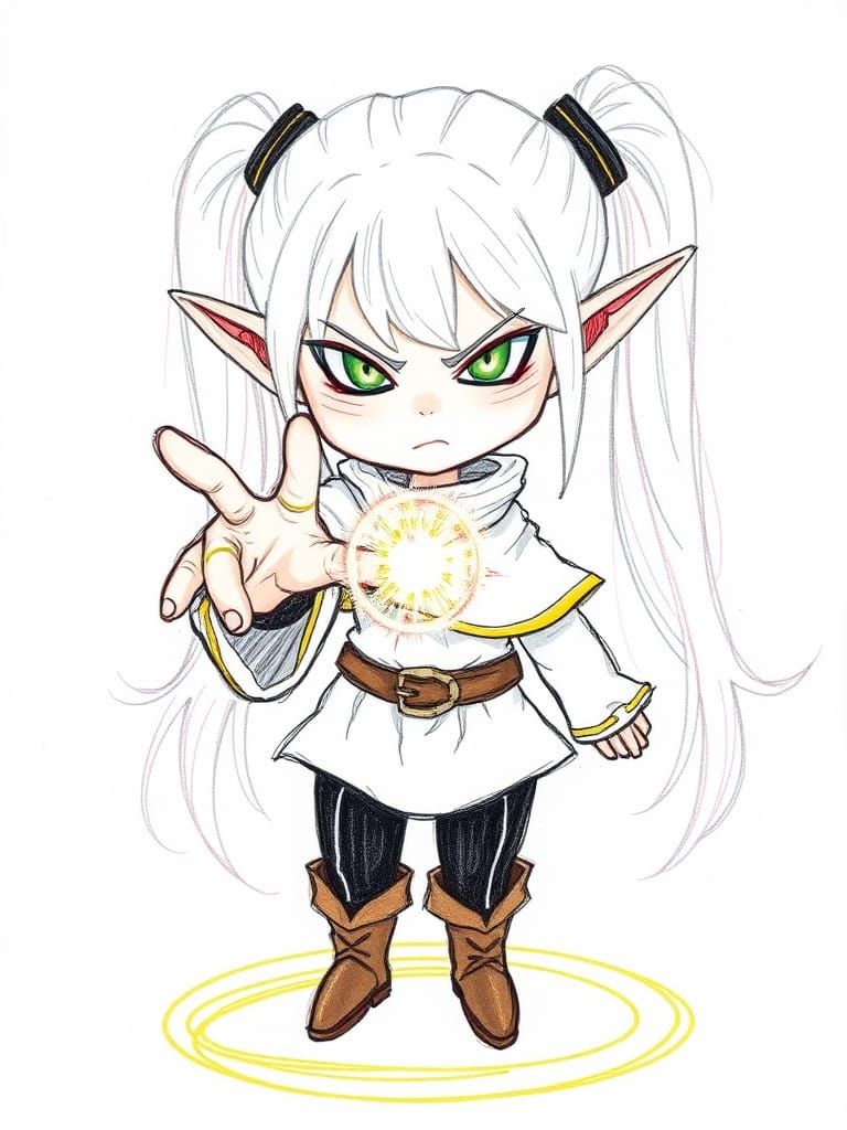 Elf Girl with Magic Ball, Crayon Art