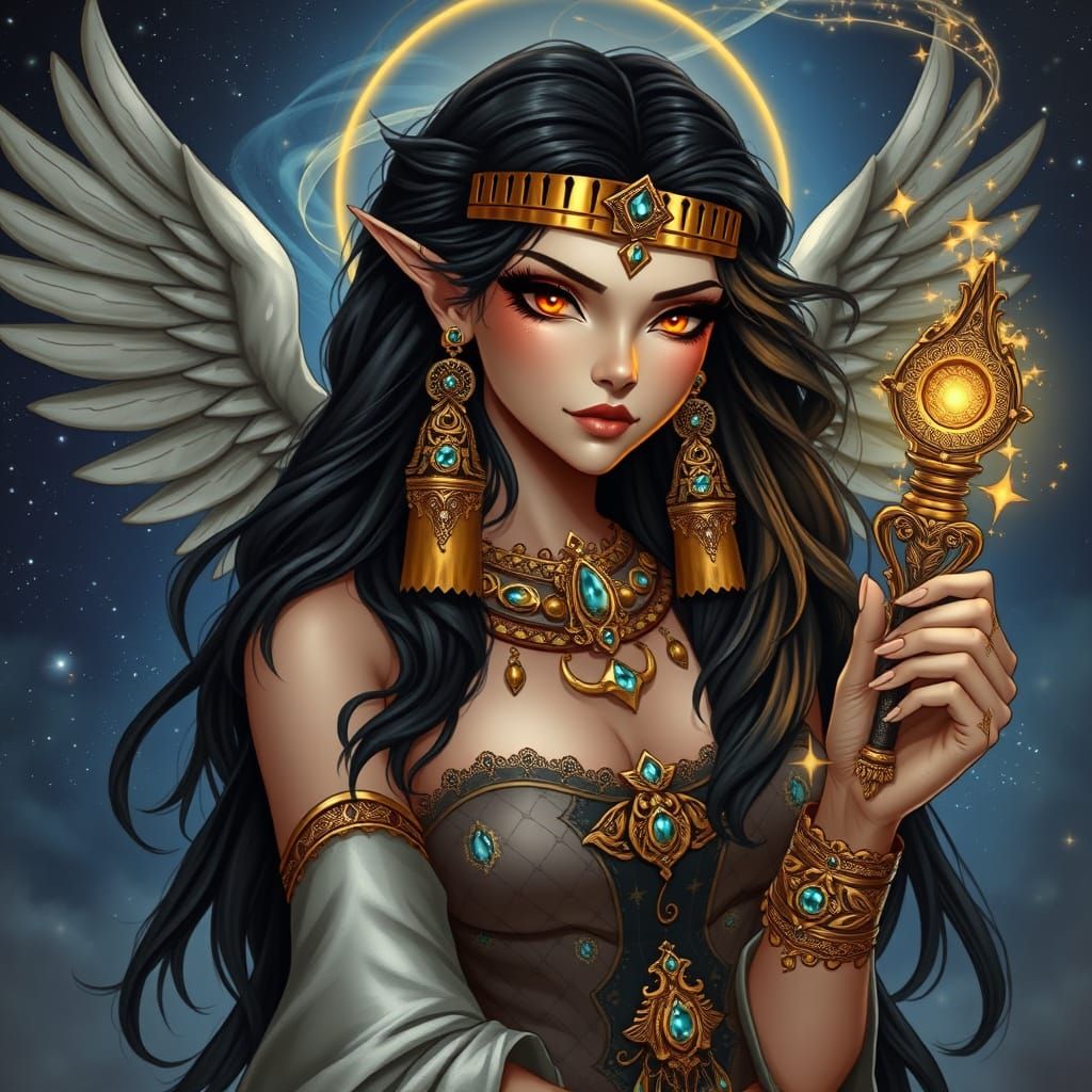 Egyptian Goddess in Celestial Attire with Glowing Eyes and W...