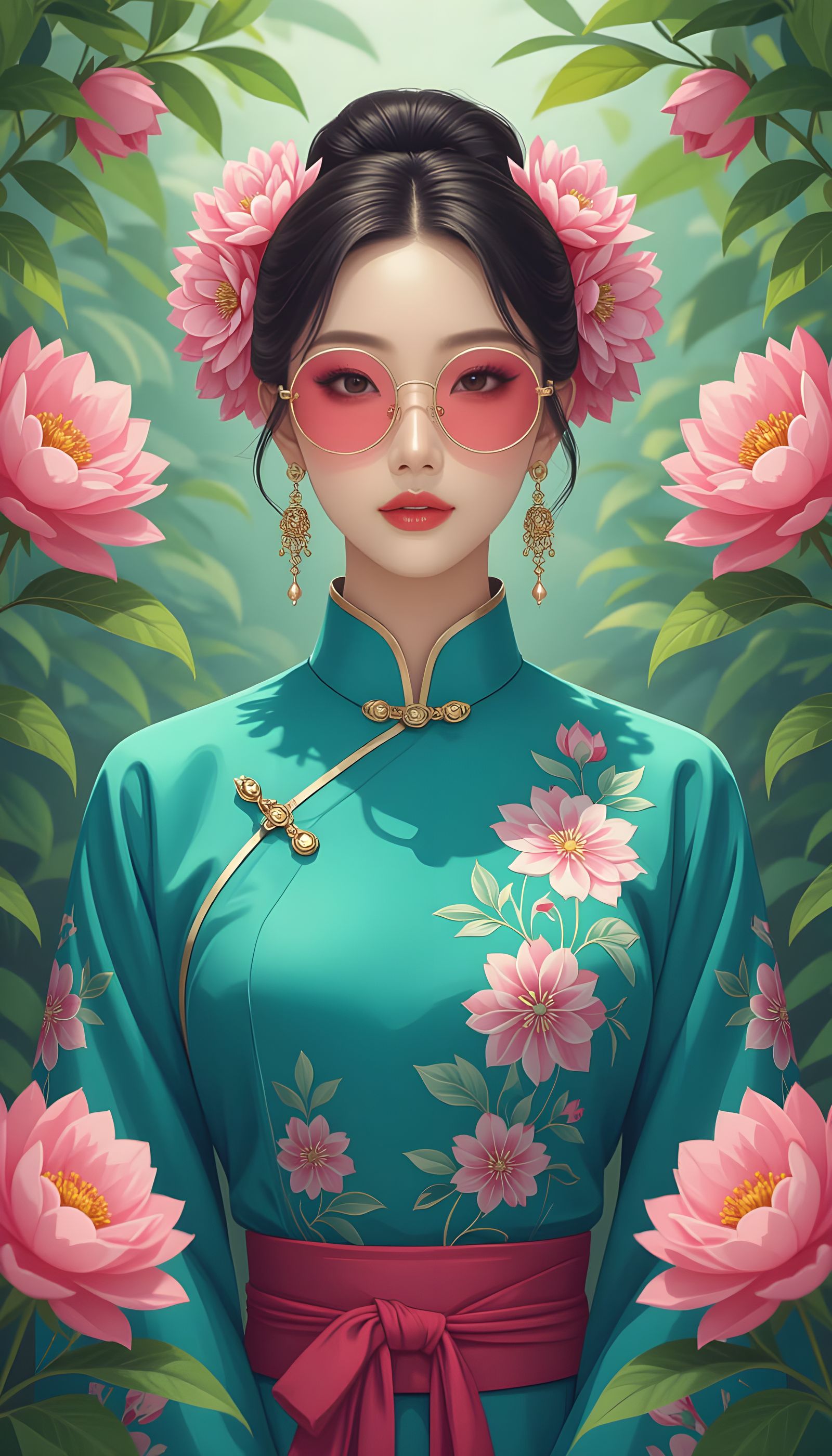 Korean Woman in Botanical Setting: Digital Art