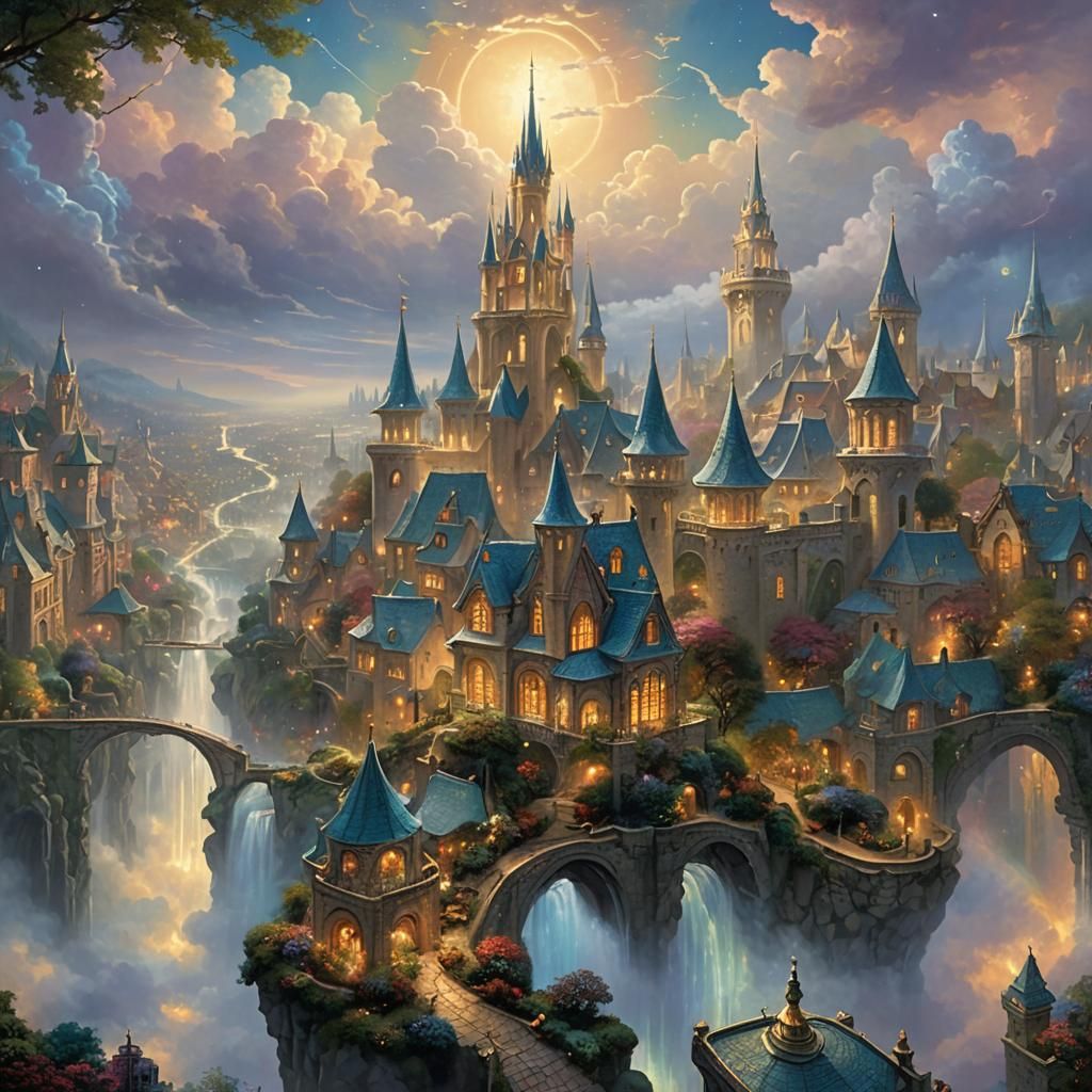 Celestial Cityscape with Golden Towers and Nebula