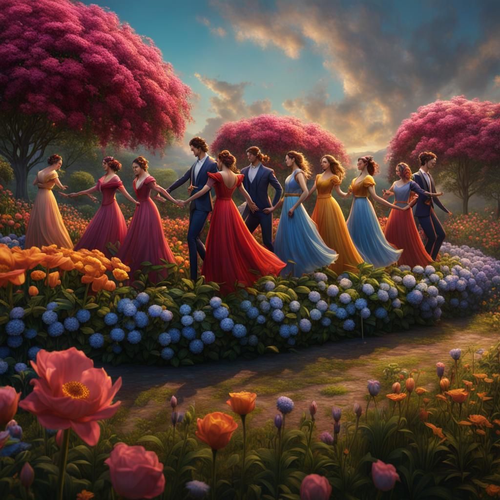 Fantastical Dance on Flower Bed in Detailed Matte Painting