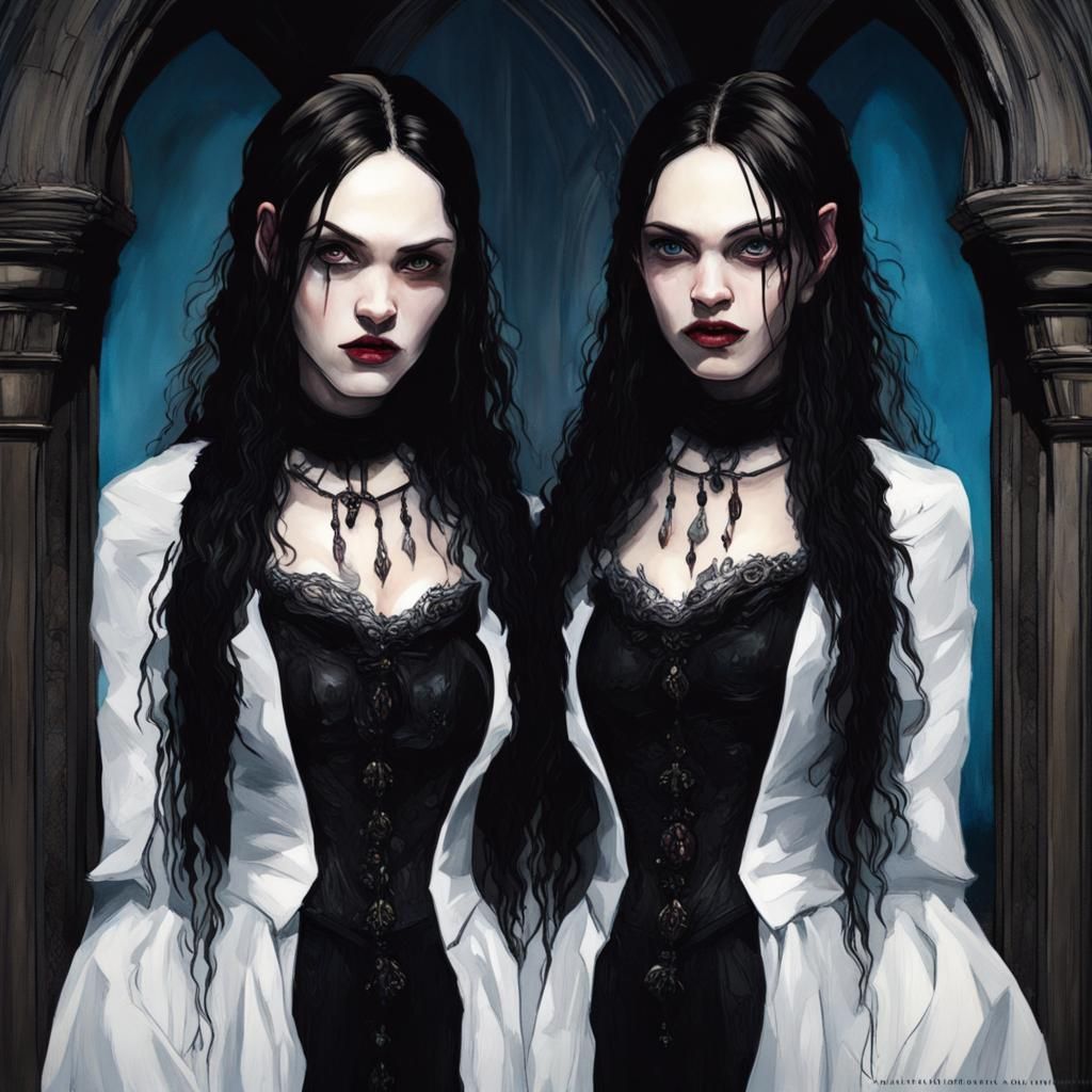 Gothic Vampire Women Embrace in Neo-Impressionist Art