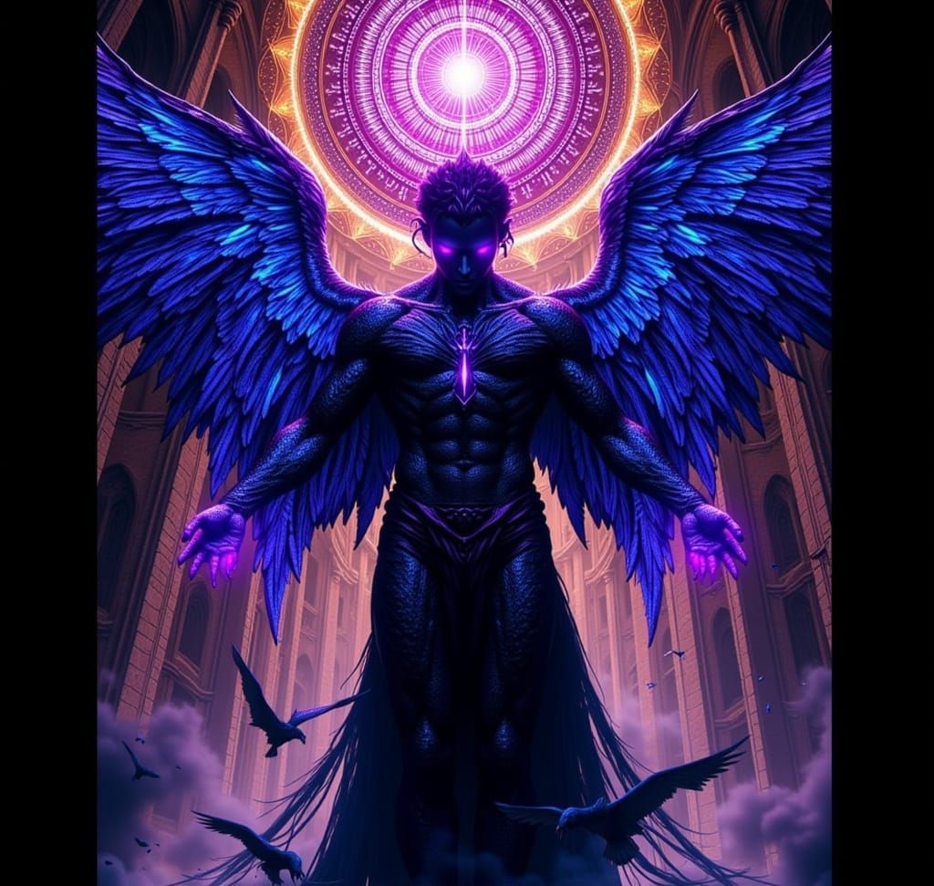 Dark Angel on Gothic Cathedral in Psychedelic Hues