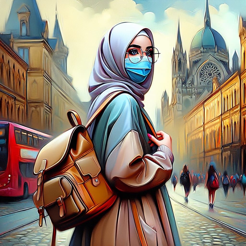 European Student in Abaya in Melting Realism Style