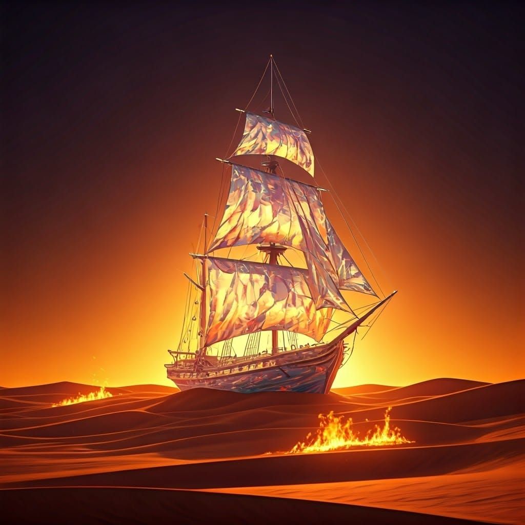 Ethereal Desert Ghost Ship Illuminated by Blazing Sun