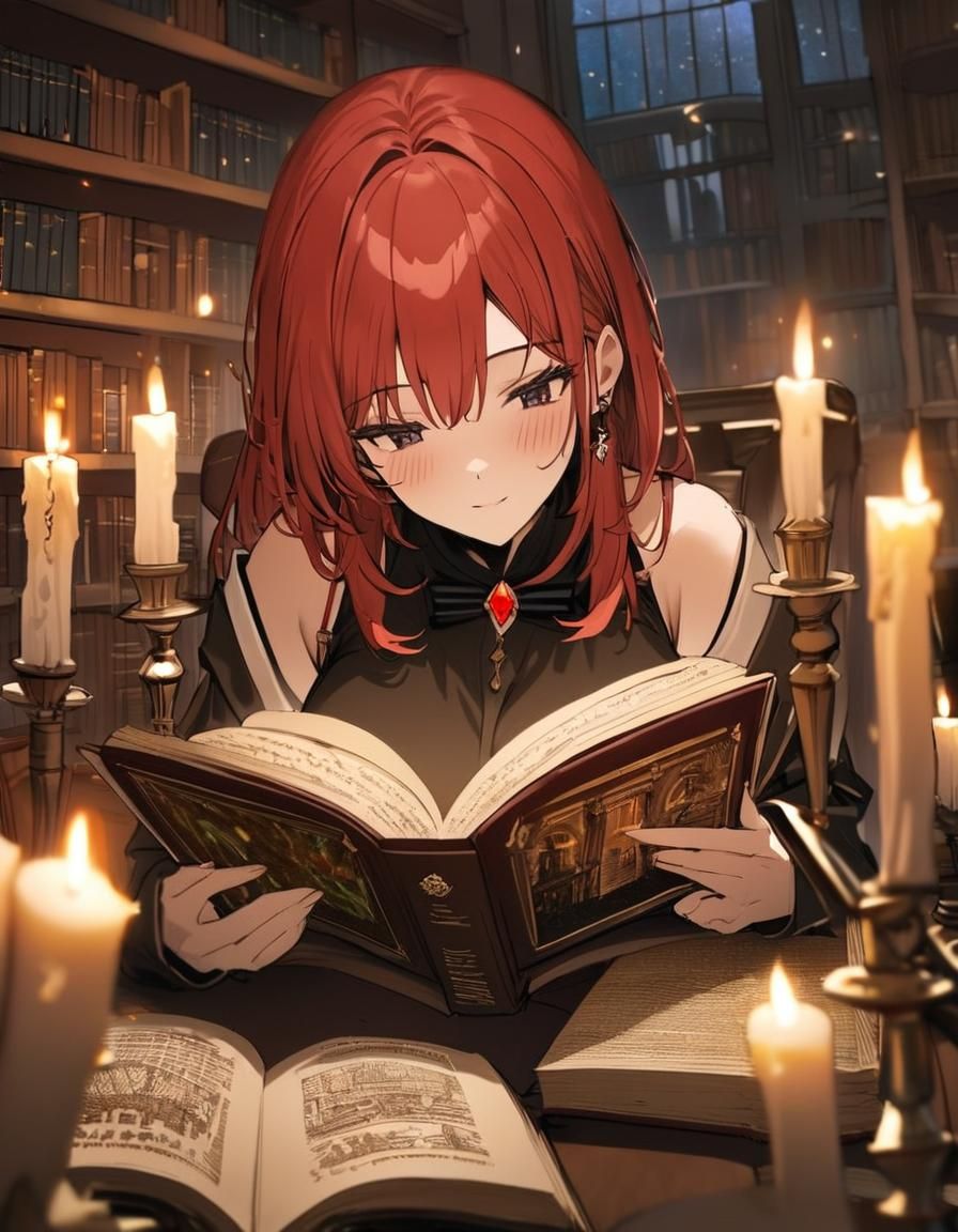 Red-Haired Librarian Girl Reading by Candlelight