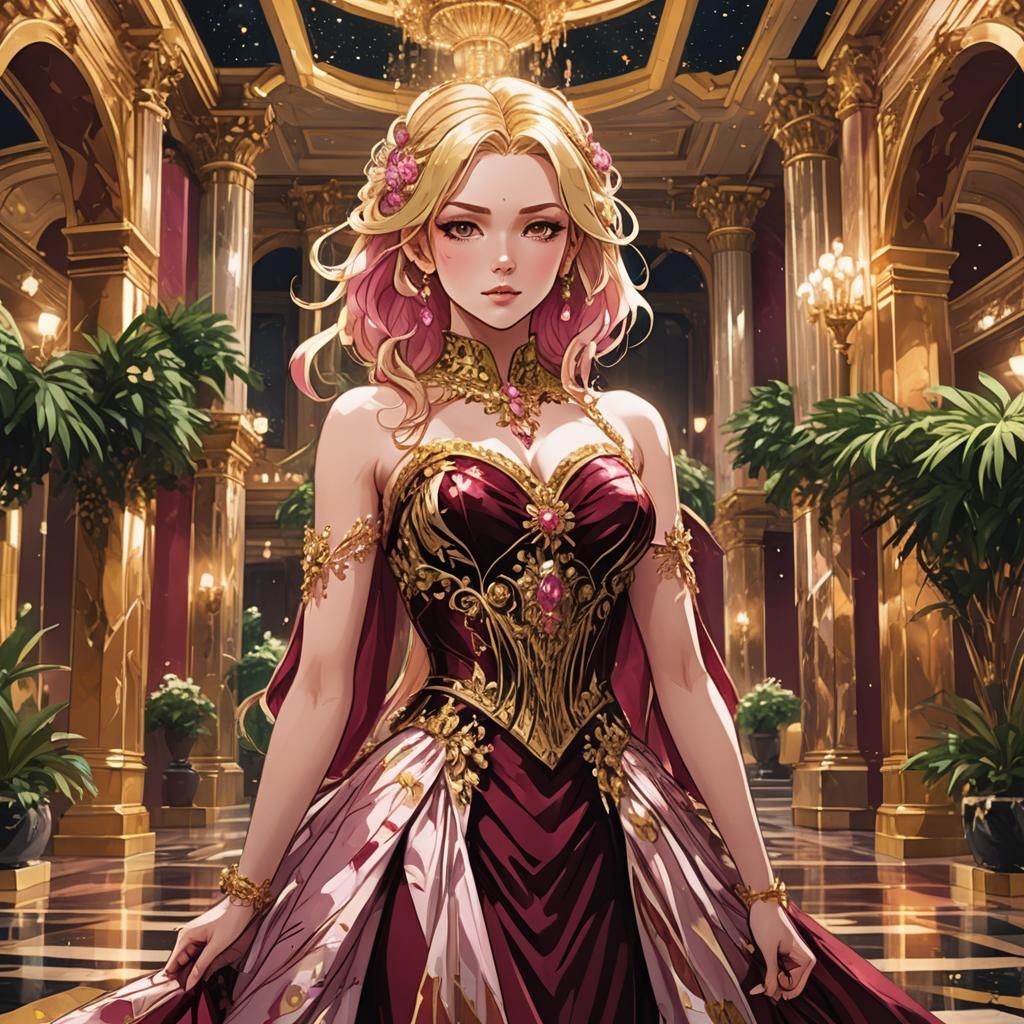 Anime Portrait: Blonde Woman in Opulent Ballroom