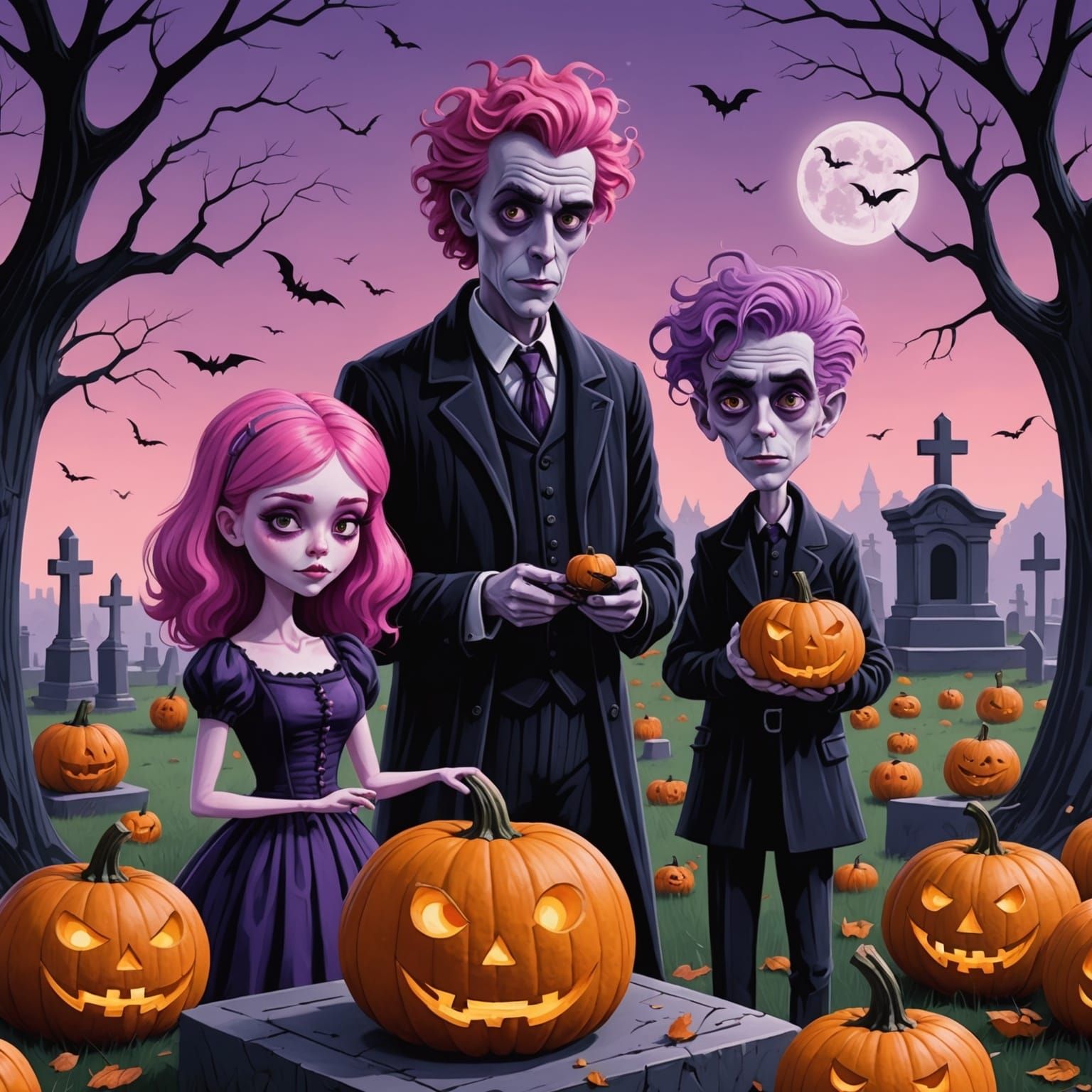 Girl and Man Carving Pumpkins in Burton Style