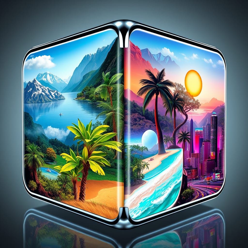 Six-Sided Futuristic Cube with Vibrant Landscapes