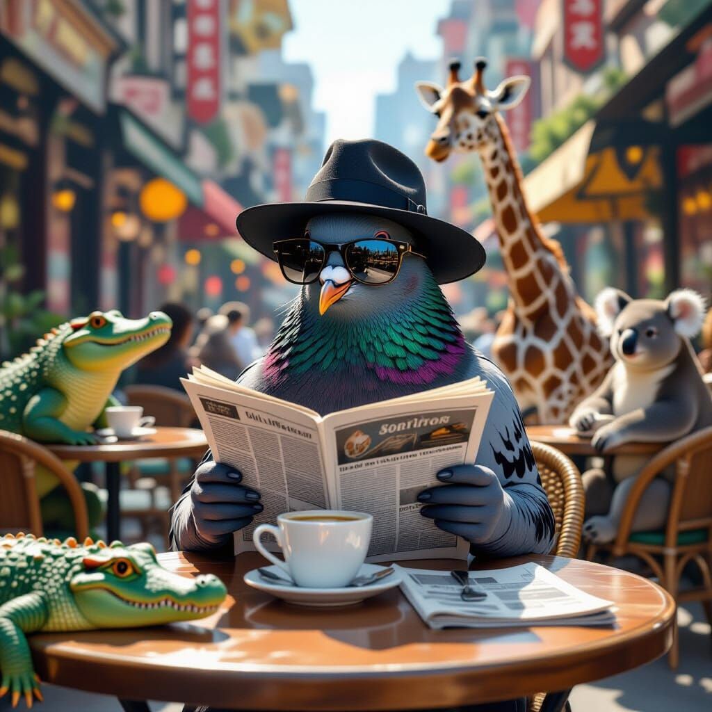 Pigeon Sipping Coffee in Urban Setting, Sci-Fi Art
