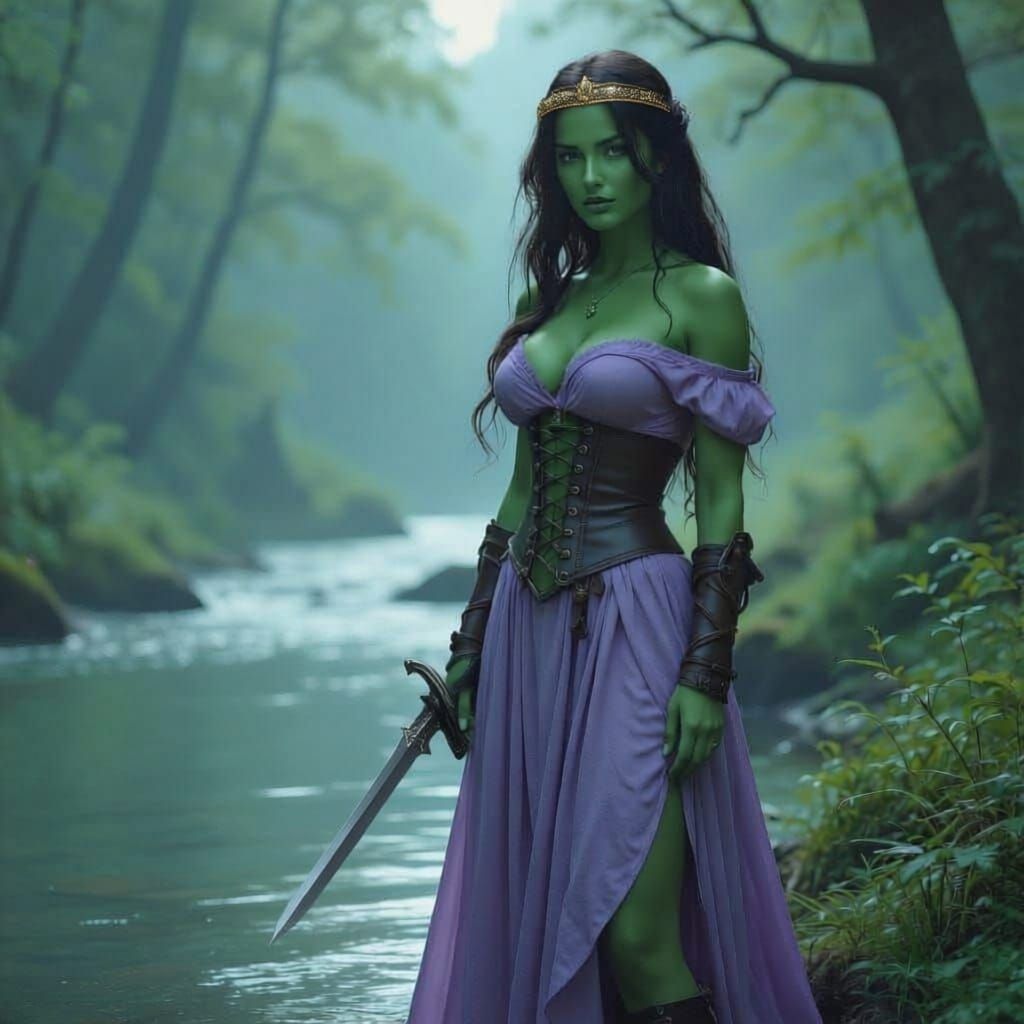 Green-Skinned Warrior Woman in Forest Film Still