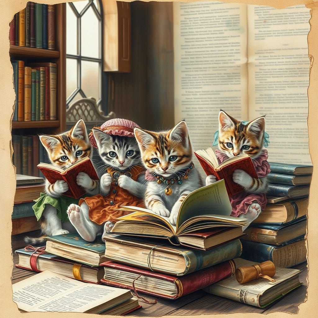 Kittens in a Vintage Library Reading Adventure