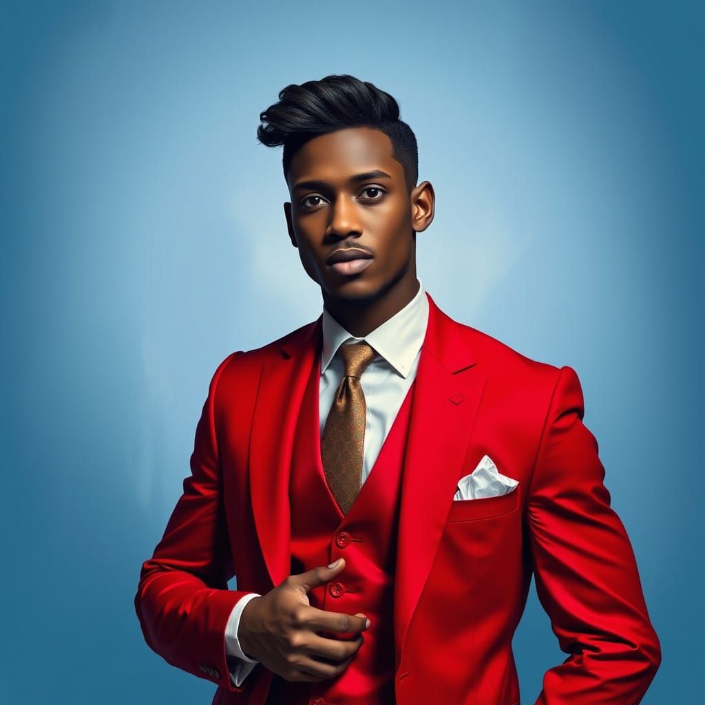 Confident Gentleman in Crimson Suit with Chiseled Features