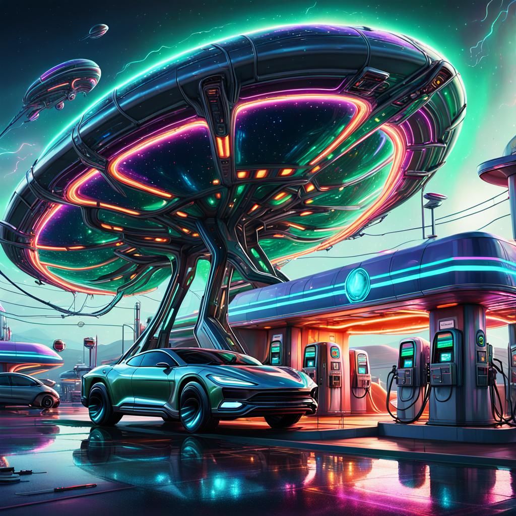 Alien Spaceship Refueling at Galactic Gas Station
