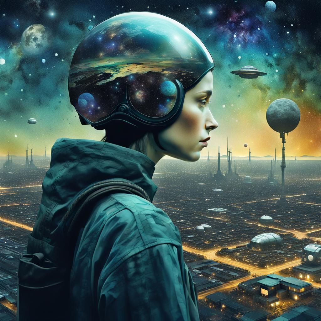 Android Gazing at Space Colony in Hyperrealism Style