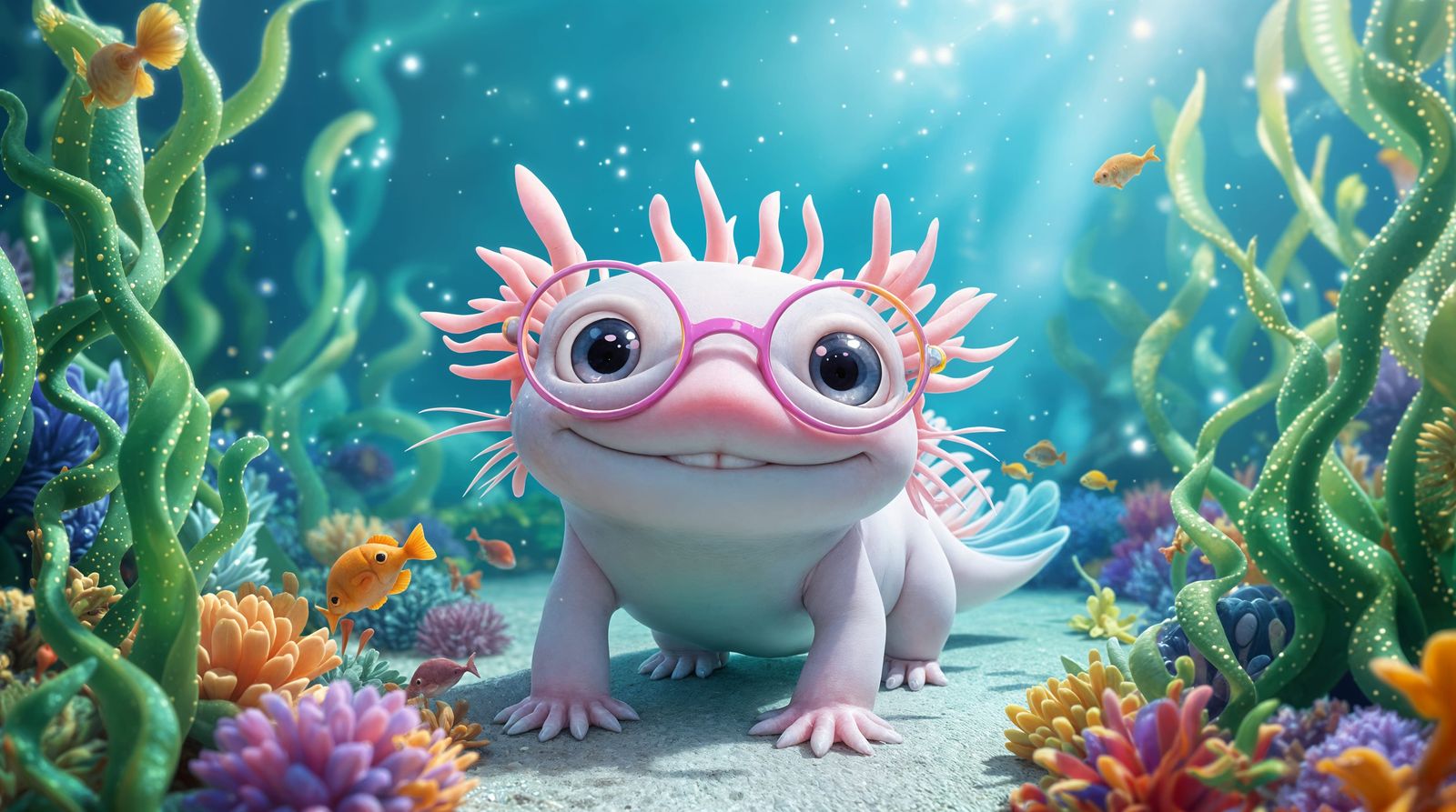 Cute Axolotl Wears Glasses Underwater in Playful Portrait