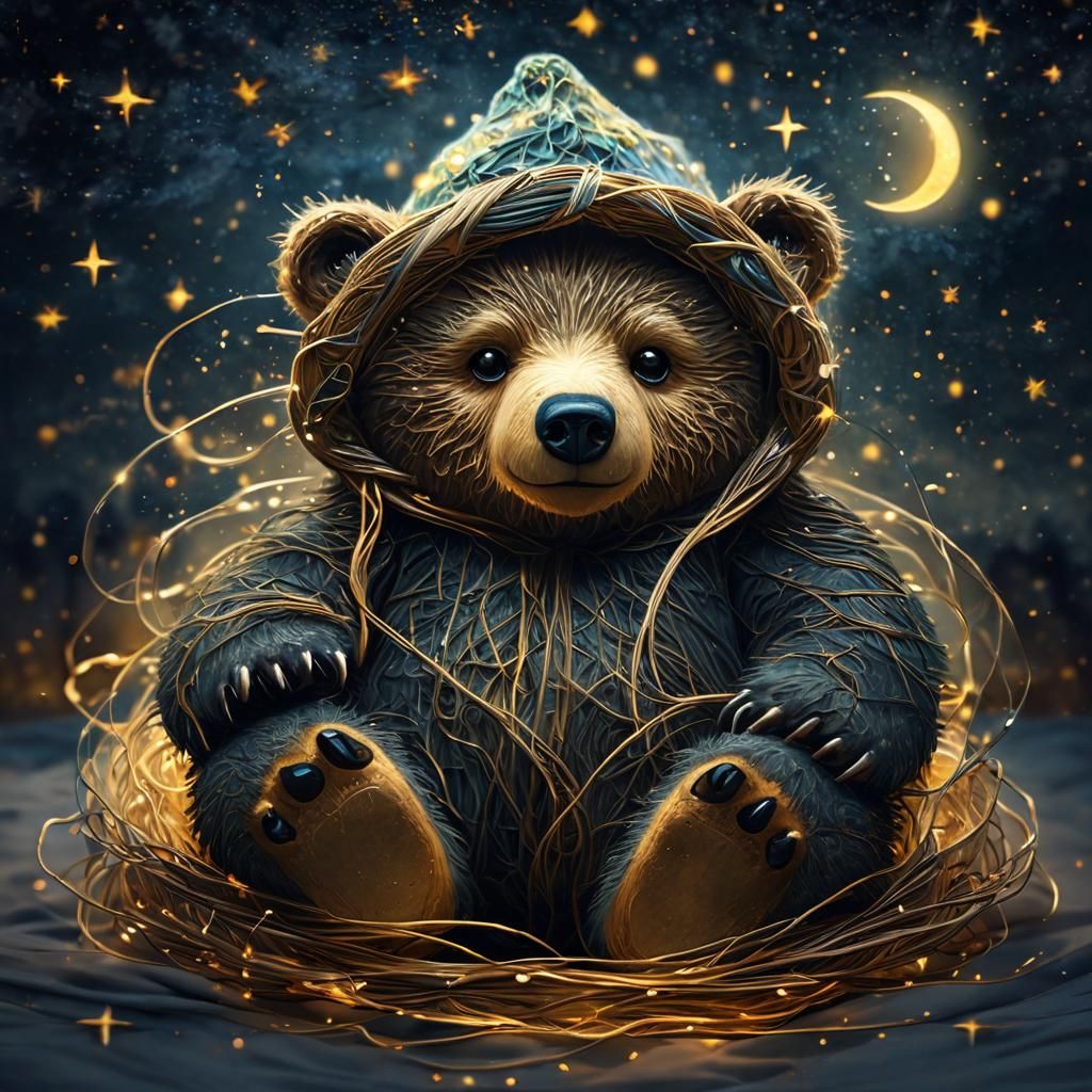Twine Bear Cub Sleeping Under Starry Night Sky