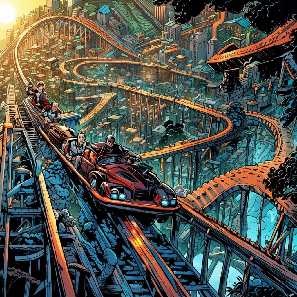 Dynamic Comic Book Art of Roller Coaster Ride