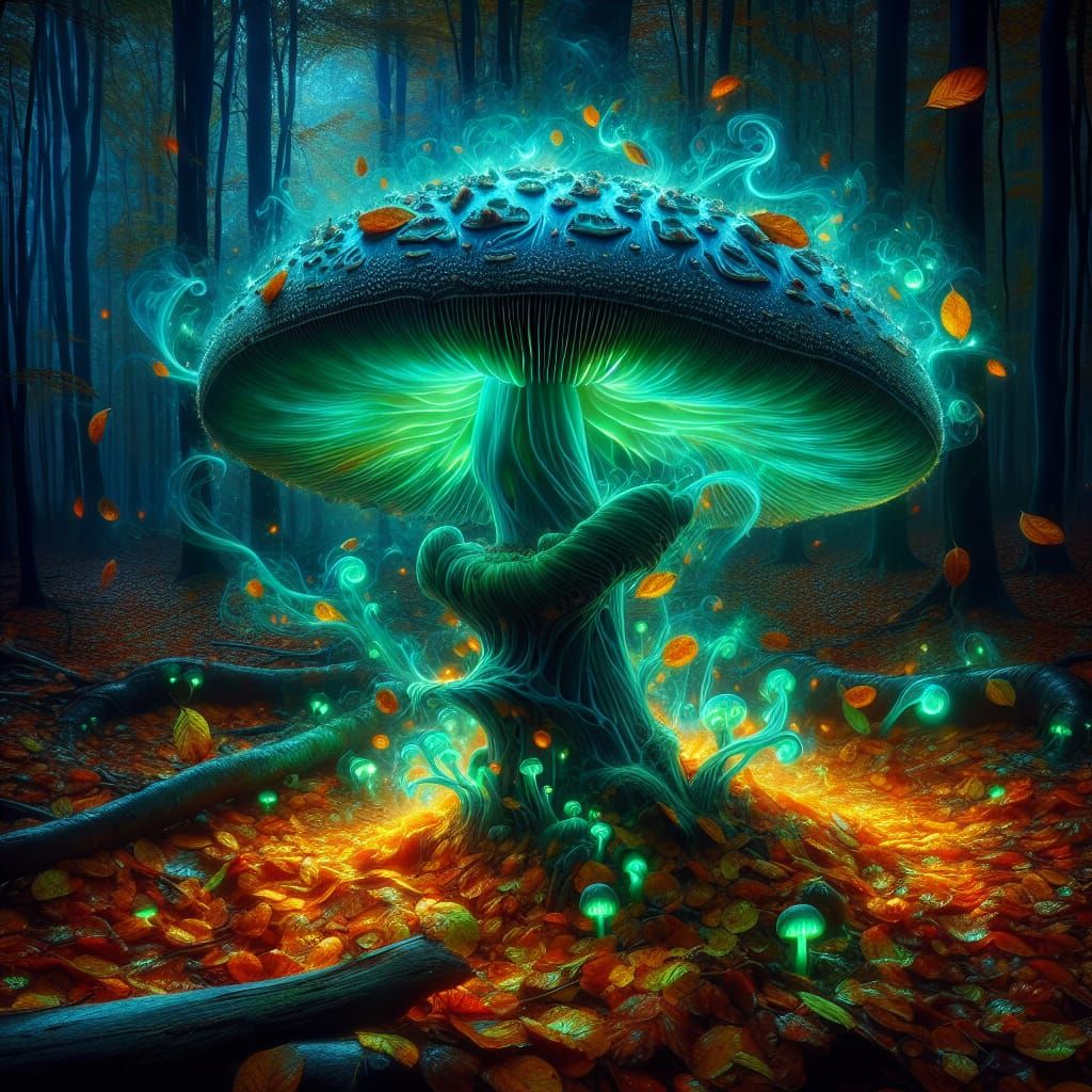 Fluorescent Mushroom in Mystical Autumn Forest
