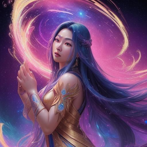 Asian Galaxy Goddess in Hyperrealistic Splash Art