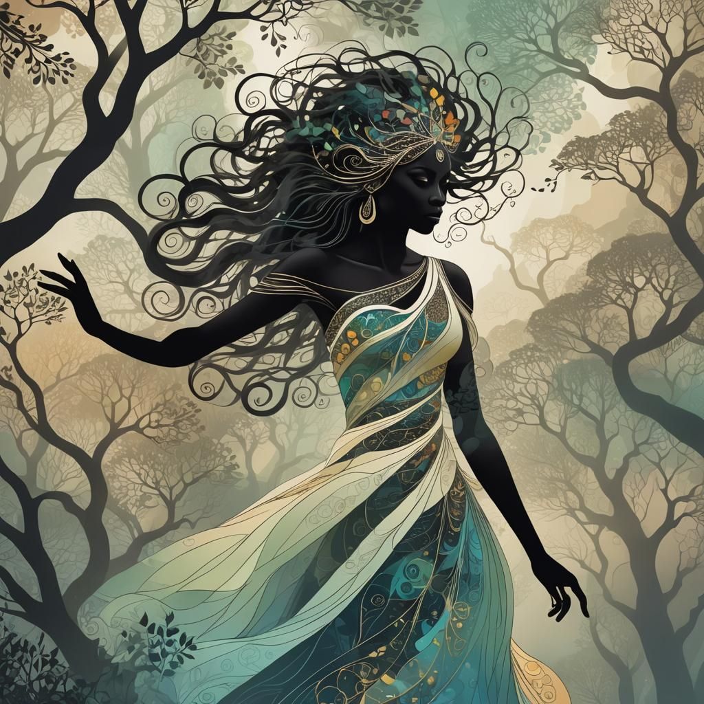 Ethereal Goddess in Enchanted Forest with Swirling Winds