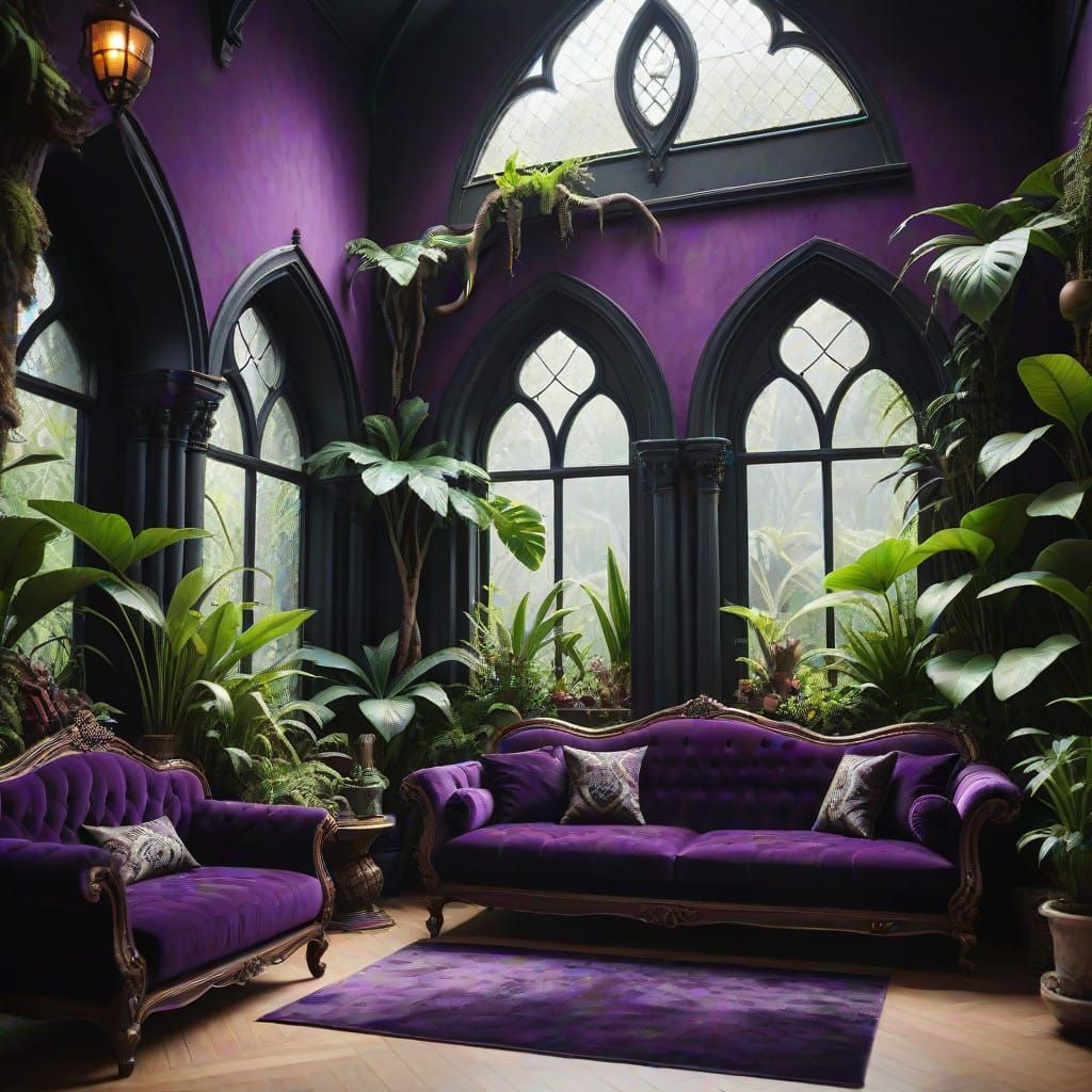 Gothic Lounge with Vibrant Snake Vivarium in Rich Detail