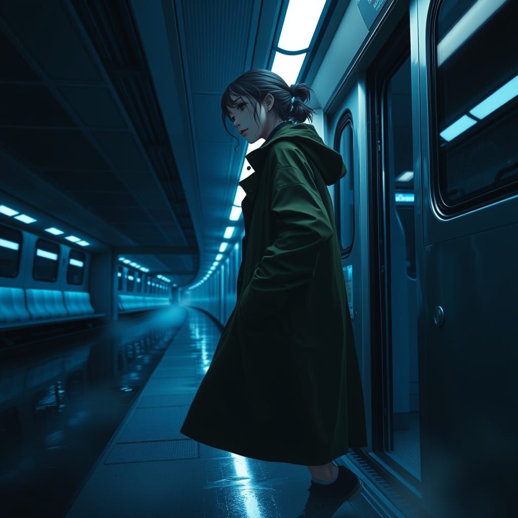 Woman Enters Subway Train in Anime Style
