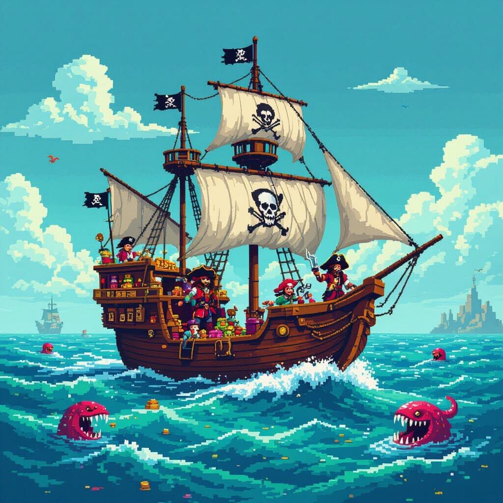 Pixelated Pirate Ship Adventure in 16-bit Style