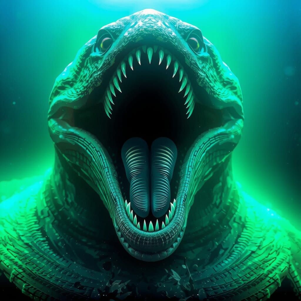 Scuba Diver and Gargantuan Serpent in Dark Fantasy Ocean