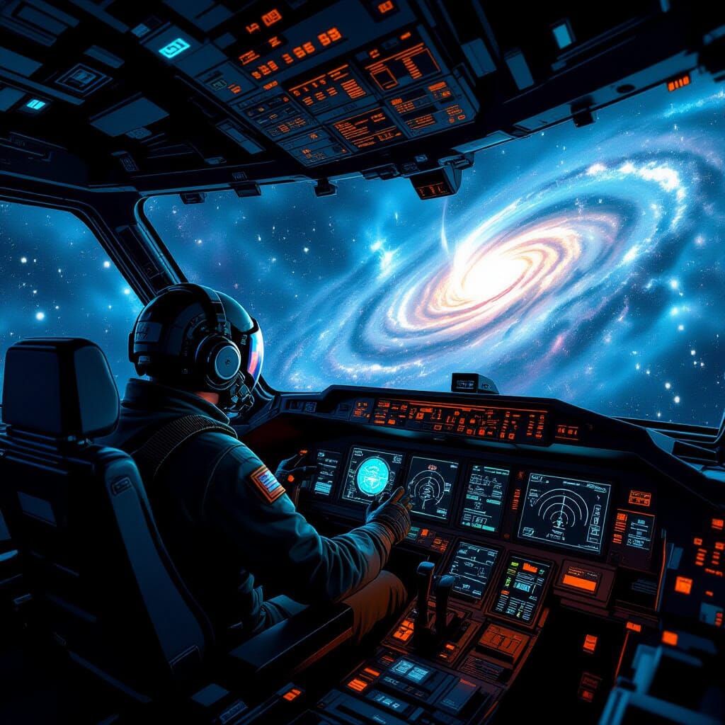 Pilot Navigates Derelict Ship Through Cosmic Nebula
