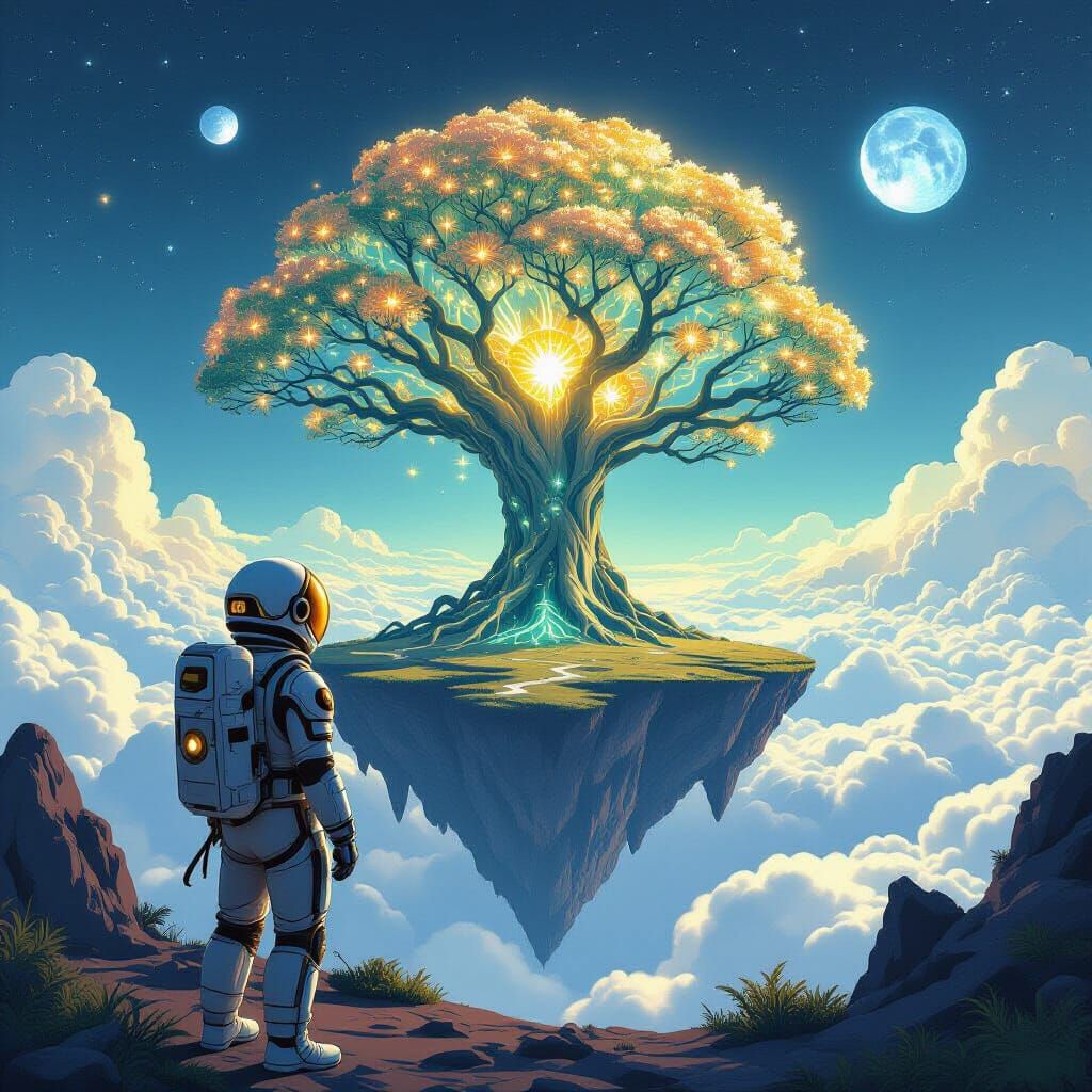 Explorer on Floating Island Gazes at Bioluminescent Tree