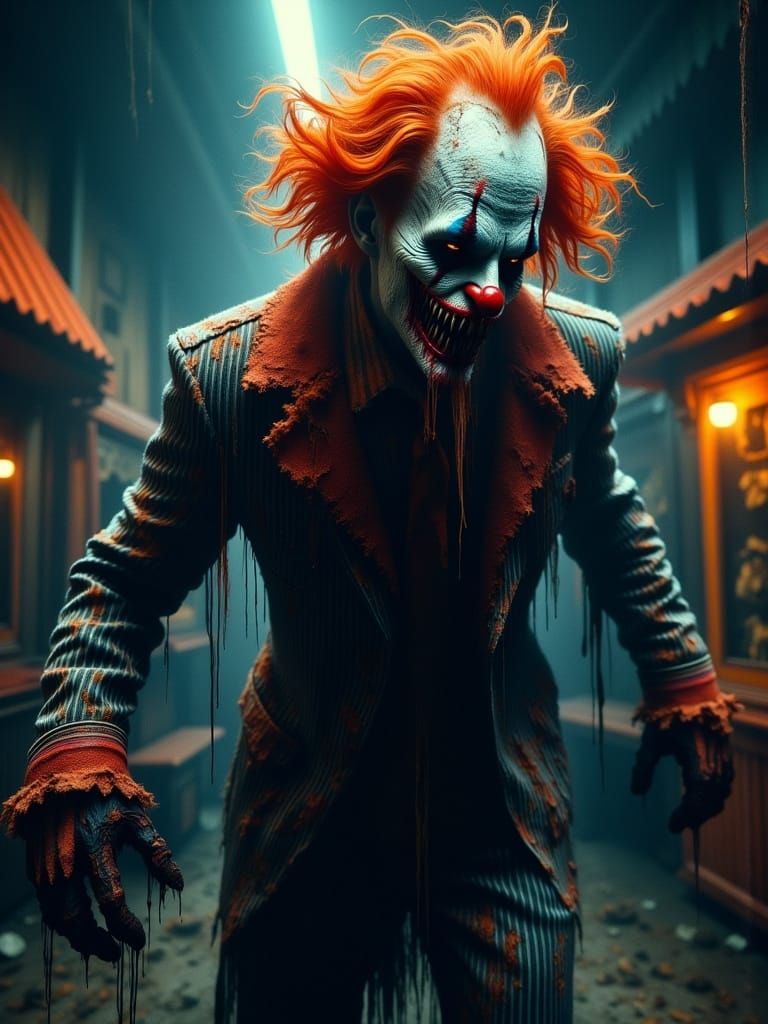 Grotesque Clown in Dimly Lit Circus, Concept Art