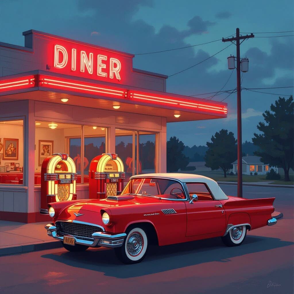 1950s Diner at Twilight in Kodachrome Colors