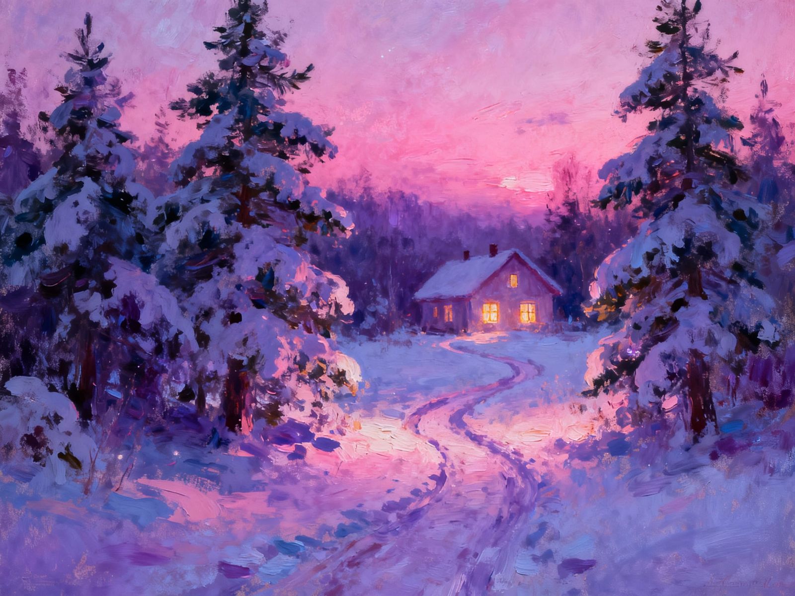 Winter Dusk Cottage Serene Landscape Impressionistic Style