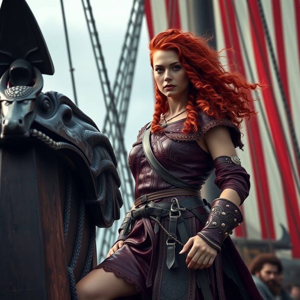 Viking Woman on Longship in Hyperrealistic Digital Art