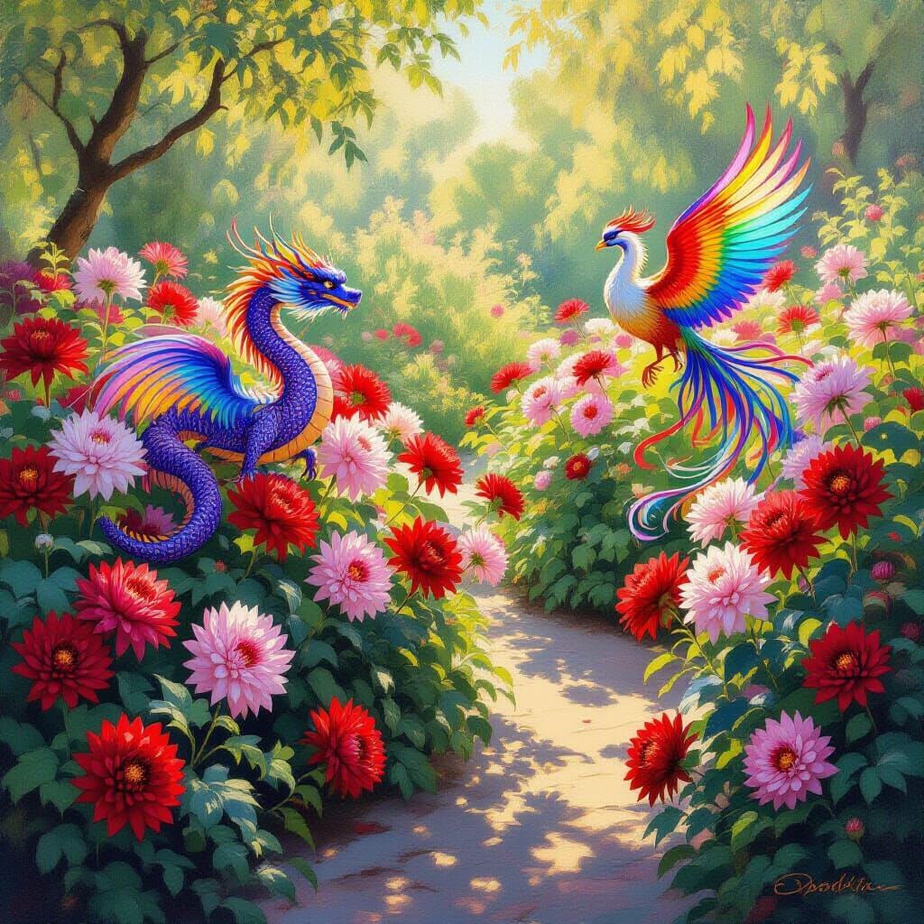 Dragon and Phoenix in Impressionist Chrysanthemum Garden