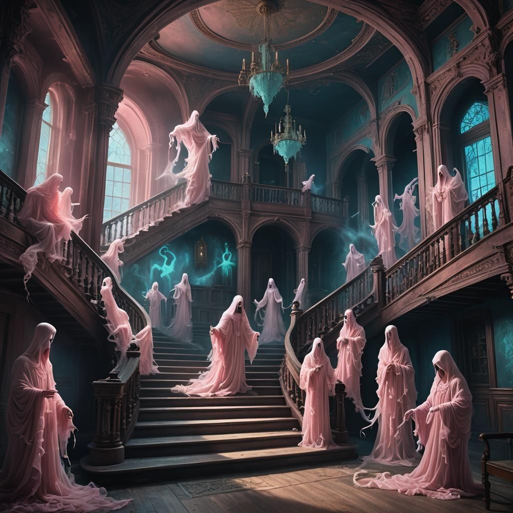 Ethereal Pink Ghosts in Dimly Lit Haunted House