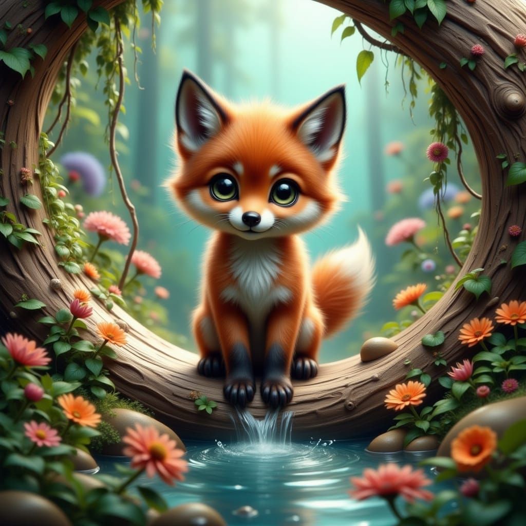 Whimsical Fox Cub Slides Down a Twisted Log Water Slide in a...