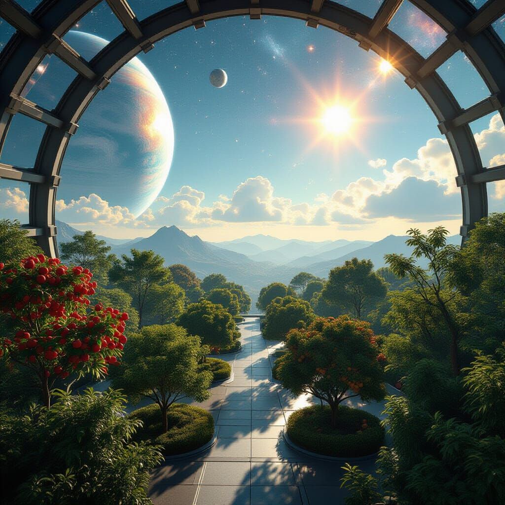 Alien Fruit Forest Under Glass Dome on Space Station