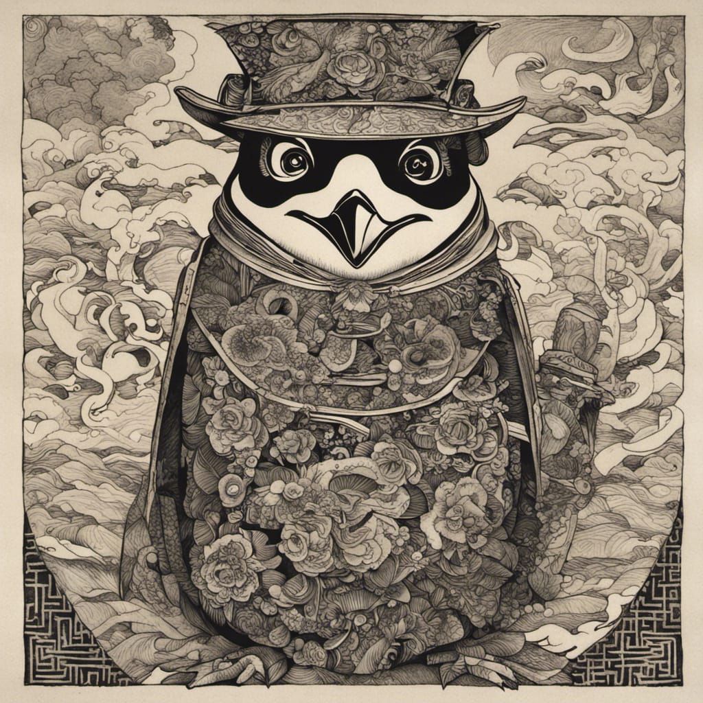 Penguin Pirate in Japanese Woodblock Style