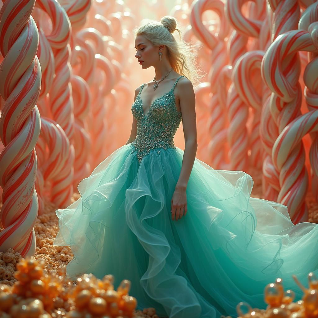 Woman in Candy Dreamscape, Hyperrealistic Digital Art