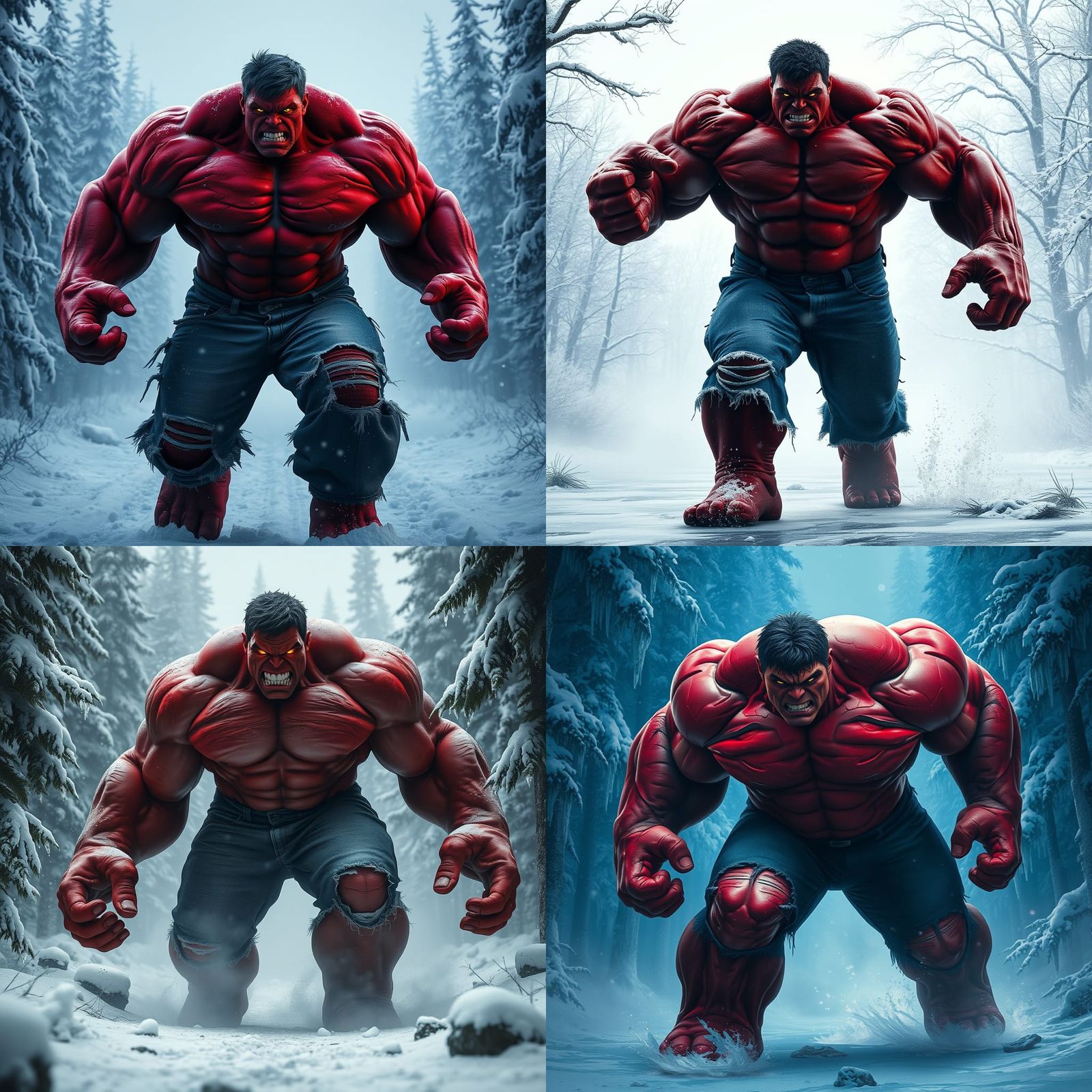 Red Hulk in Snowy Forest, Fantasy Concept Art