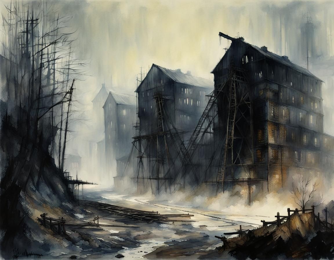 Creepy Abandoned Mill in Fog, Watercolour Chiaroscuro